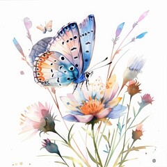 A beautiful watercolor painting of a blue and orange butterfly on a white background. The butterfly is surrounded by a variety of flowers, including pink, yellow, and white.