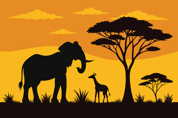 Silhouette of giraffe and elephant at savanah vector design