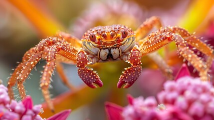 Lovely white spider decorator crab over brightly colored dazzling blooms in an arbor with an idyllic lush green setting and space, Generative AI.