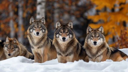 Naklejka premium Four wolves resting on snow-covered ground in an autumn forest with orange foliage blending winter and fall into a mesmerizing wildlife scene of strength and unity