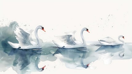 Four swans swim gracefully across a still lake, their white feathers reflecting the sunlight