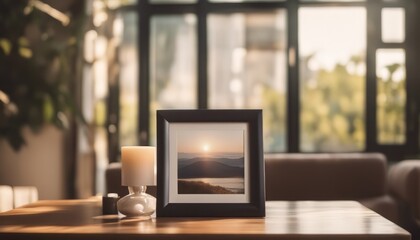 aesthetic frame mockup poster leaning on the wooden coffee table lit by sunlight in the warm living