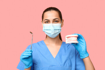 Portrait of female dentist in mask with jaw model and dental mirror on pink background