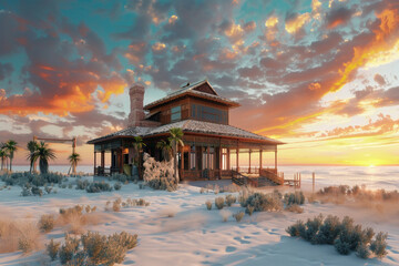 A 3D visualization of a Cape Vernacular style house on the sandy shores of Australia, with a seamless blend of indigenous and colonial designs under a brilliant sunset.