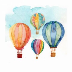 Fototapeta premium Four watercolor hot air balloons in various colors float in a blue sky.