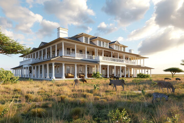 A 3D visualization of a Cape Cod style house on the edge of an African savannah, with wide verandas, high ceilings, and wildlife roaming in the distance.