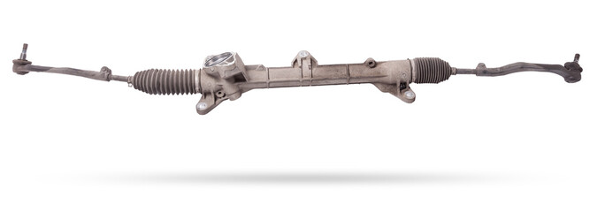 Spare part of the car steering rack new in plastic packaging for turning the wheels close-up on the...