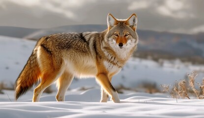 Naklejka premium A gray wolf, a wild canine predator with thick fur, stands alert in a snowy winter landscape