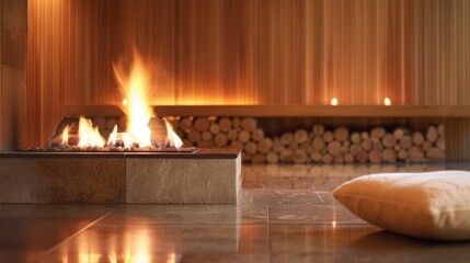 Naklejka premium Nestled in the corner of the spas serene meditation room the fireplace radiates a comforting glow perfect for quiet reflection. 2d flat cartoon.