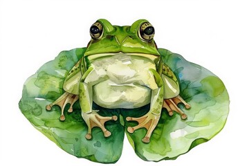 A watercolor painting of a green frog sitting on a lily pad