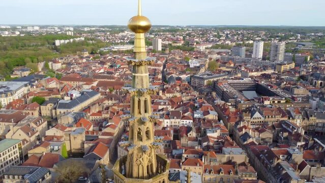 La Mutte Tower Pinnacle Of Metz Cathedral In Metz, France. - aerial shot