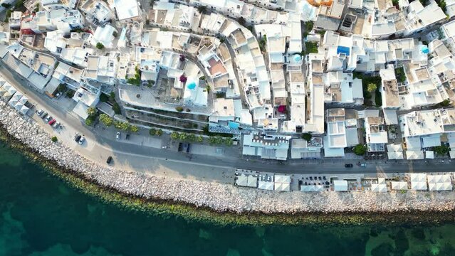 Aerial footage of the town Parikia on the island of Paros, one of the many Cyclades Islands in the Aegean Sea.