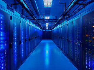 A secure data center with rows of servers under blue lights, emphasizing scale and security