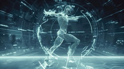 humanoid figure in dynamic motion, agility and strength, futuristic backdrop advanced nature