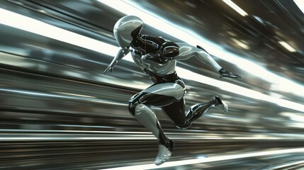 humanoid figure in dynamic motion, agility and strength, futuristic backdrop advanced nature