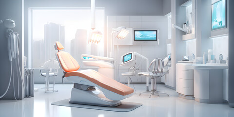 A dentist's office with a pink chair dental care dental treatment on a lighted background
