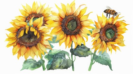 A watercolor painting of a bee pollinating a sunflower