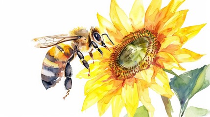 A watercolor painting of a bee pollinating a sunflower - obrazy, fototapety, plakaty