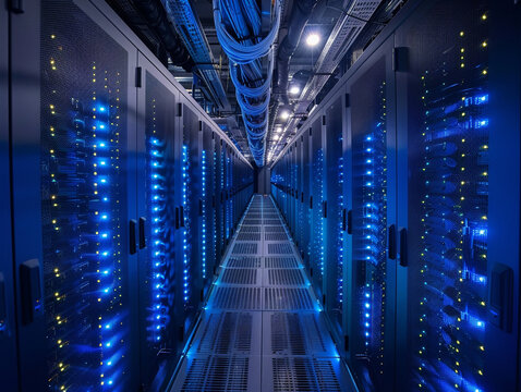 A secure data center with rows of servers under blue lights, emphasizing scale and security