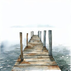 A watercolor painting of a wooden dock extending into a calm lake