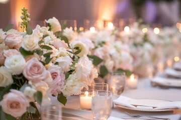 table set for an elegant wedding, featuring white and pastel roses in vases on the head table with candles, creating soft lighting.