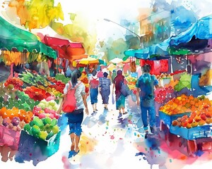 Fototapeta premium Vibrant watercolor painting of a bustling outdoor market
