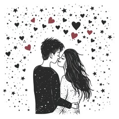 man and woman in love. hearts and doodled stars and hearts all around