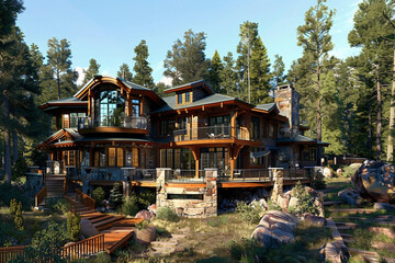 A 3D visualization of a mountain Craftsman house in the Colorado Rockies, with expansive windows, a wraparound deck, and a design that integrates natural materials from the surrounding forest.