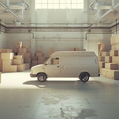 minivan in warehouse full of boxes, white colors