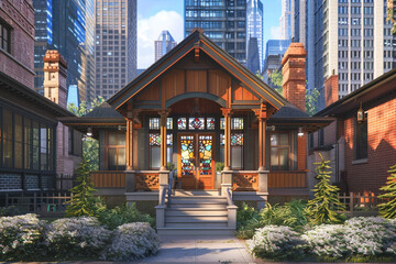 A 3D visualization of an urban Craftsman house in downtown Chicago, featuring a cozy front porch, intricate woodwork, and stained glass windows, nestled between modern skyscrapers.
