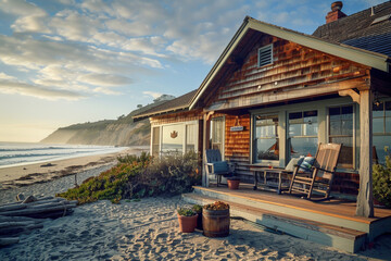 A beachfront Craftsman cottage with weathered wood siding, a sunlit porch, and nautical-themed details, overlooking the sandy shore and crashing waves.
