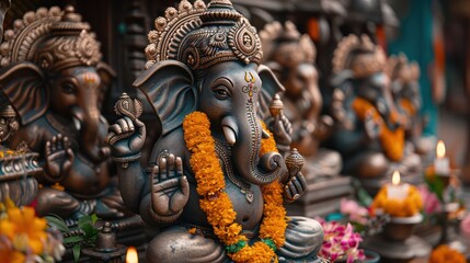 Close-up photo of Ganesha statue Decorated with garlands and surrounded with candles. It emphasizes his cultural importance in Hindu festivals.
