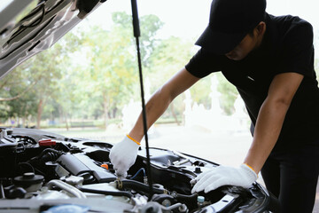 Mechanic checking engine Gather detailed information during work. Industrial plant maintenance...