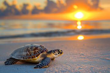 A charming illustration of a turtle meditating on the beach, with a serene sunset in the background. This peaceful scene captures the tranquility of nature and the concept of mindfulness