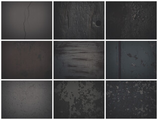 Set of dark background textures. Collection of textures with peeling paint, cracks, rust, scratches, stains, noise and grain. Faded dark rough surfaces of old walls. Bundle of backgrounds for design.