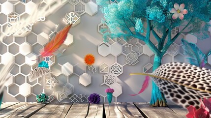 Oak scene with a white lattice, a turquoise tree, and a backdrop of floral hexagons.