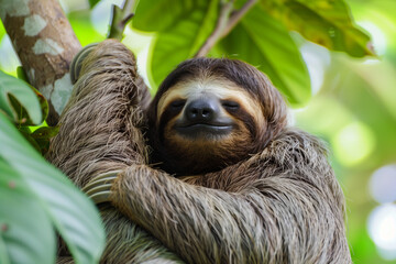 Fototapeta premium A delightful illustration of a sloth meditating while hanging from a tree branch, with its eyes closed. This unique depiction offers a humorous yet peaceful take on mindfulness