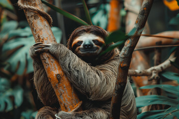 A delightful illustration of a sloth meditating while hanging from a tree branch, with its eyes closed. This unique depiction offers a humorous yet peaceful take on mindfulness
