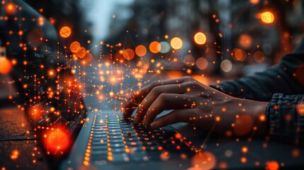 Businessman making digital transactions on laptop Shows a blockchain interface with interconnected nodes and data flows. By emphasizing safe transactions