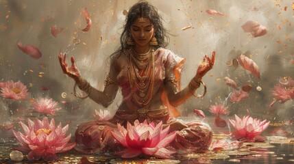 Goddess Lakshmi, seated on a lotus flower, showering coins from her hands, symbolizing prosperity and abundance.