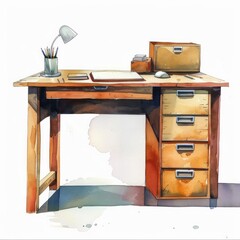 watercolor illustration teachers desk on a white background
