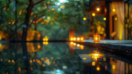 The glow of the candles reflect off of the surrounding trees enveloping the spa in a warm inviting aura. 2d flat cartoon.