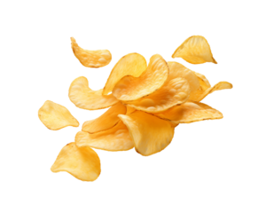 Thinly sliced potato chips scattered in the air, capturing the essence of a light, crunchy snack, isolated on transparent background. Generative AI