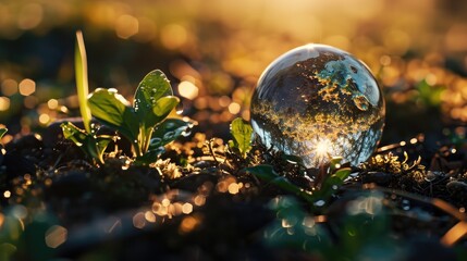 A glass ball above a plant. Generative Ai.