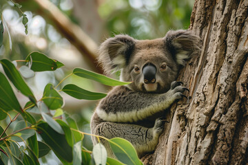 Fototapeta premium A tranquil illustration of a koala meditating calmly while perched in the fork of a eucalyptus tree. This peaceful image captures the essence of serenity and mindfulness, with the koala nestled among 
