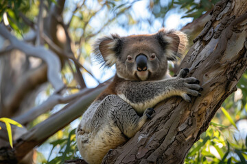 Fototapeta premium A tranquil illustration of a koala meditating calmly while perched in the fork of a eucalyptus tree. This peaceful image captures the essence of serenity and mindfulness, with the koala nestled among 