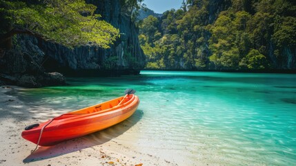 A red canoe rests on the serene shore of a tranquil lake, surrounded by the vast expanse of water, under the blue sky dotted with fluffy white clouds, showcasing the beauty of the natural landscape