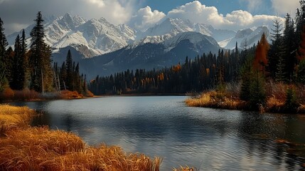 a beautiful lake in front of snowy mountains, in a forest with brown grass and trees on both sides. - Powered by Adobe