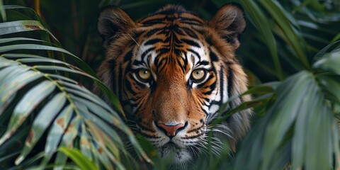 A close shot of an intense tiger gaze through bush of palm leaves and big space for text or product advertisement, Generative AI.