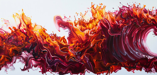 Dynamic waves of crimson red and burnt orange crashing and colliding against a backdrop of pure white, conveying a sense of intensity and drama